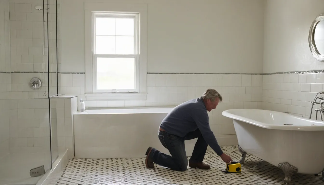 A provider measuring a bathroom for a safer bathing upgrade in the Chester Heights area