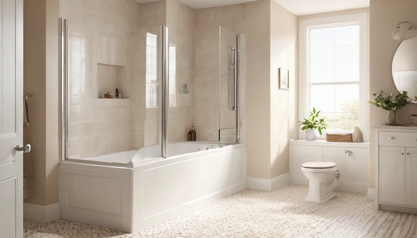 Smiling homeowner stepping into a walk-in tub in a bright bathroom in Chester Heights